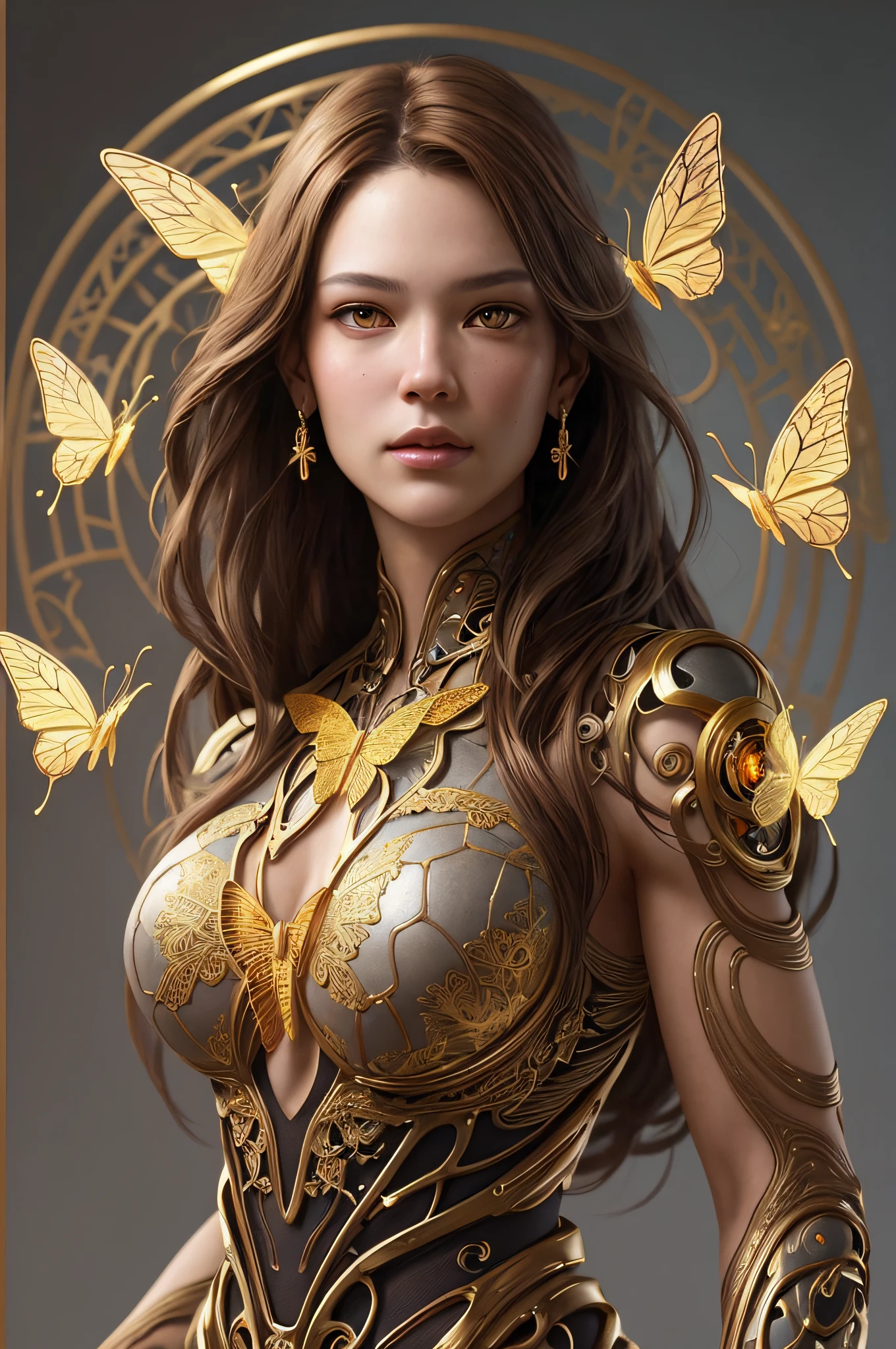8K portrait of beautiful cyborg with brown hair, Convoluted, Elegant, Highly detailed, An majestic, digital photo, art by artgerm and ruan jia and greg rutkowski surreal painting gold butterfly filigree, Broken glass, (masutepiece, side lights, finely detailed beautiful eye: 1.2), nffsw, (Detailed background window to a new dimension, Plants and flowers:0.7) Infinity, Infinite Symbols,