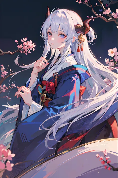 (best quality, high-res, masterpiece:1.2), perfect face, (cold expression), detailed eyes, elegant, (heterochromatic eyes), (curved blue horns), dragon woman, wearing a white and brown elegant kimono, cherry blossom background, long silver hair, side view,...