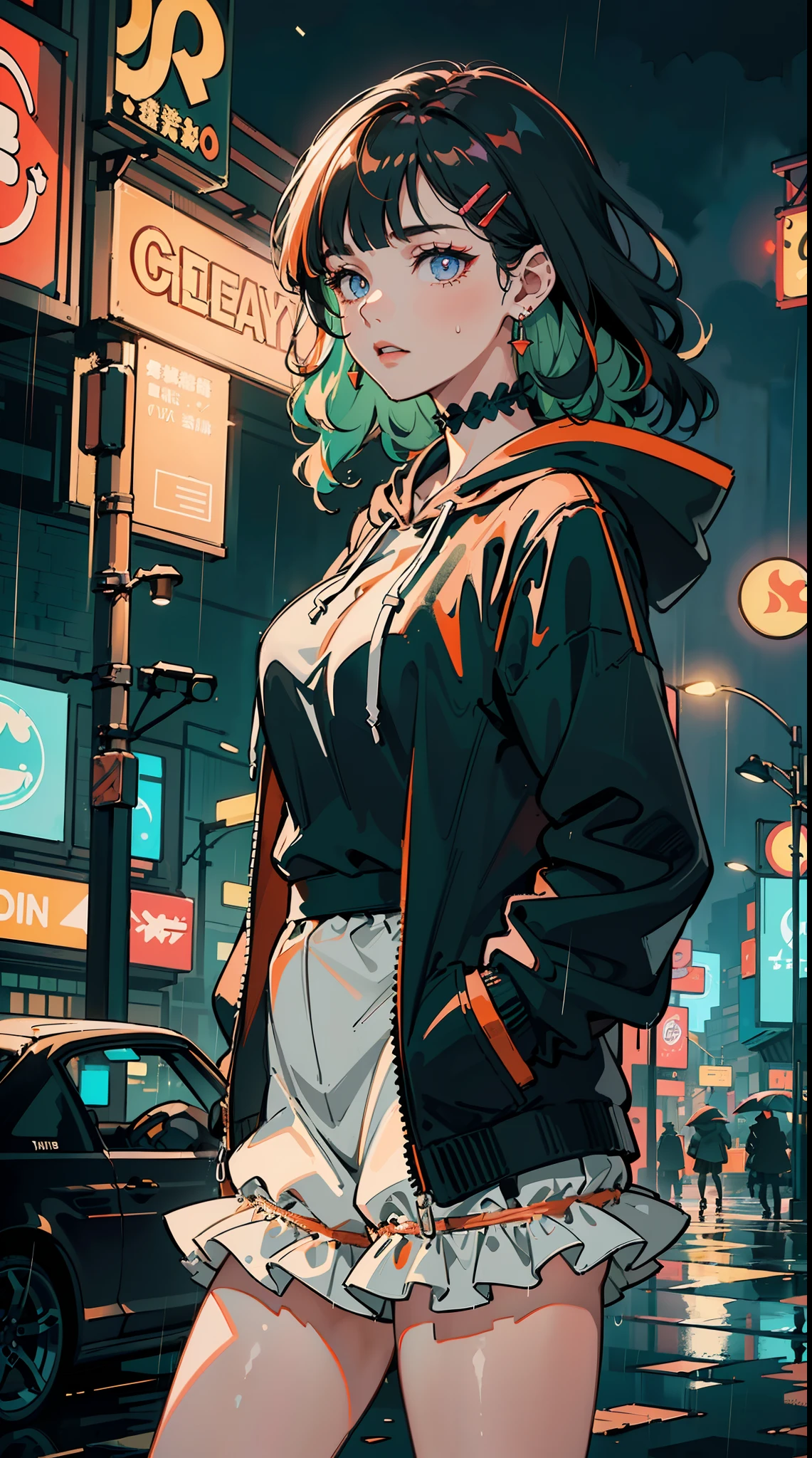 ((((frills,large black hoodie cover eyes，heavy rain,))))((hands in pockets,))(Masterpiece illustration,Beautiful and aesthetic:1.2,aim to viewers), Best quality,Top quality, Epic quality,((((valley,heavy rainy night in a cyberpunk city with glowing neon lights,outdoor,))))(moonlight,moon glare, god light,at night,upper upper shot,focus on face,))Neat face,,mature,Beautiful detailed hair，green hair，hyper HD, retinas, Textured skin, A high resolution, 16k ，((hairclip,blunt bangs,sidelocks,middle hair，natural curly hair)),Detailed face, 1JK, lady,Solo, Perfect face, Very amazing girl,((bloomers,high waist skirt,orange streaked black coat,large cloak,metal earrings,spiral earrings)),rim-light