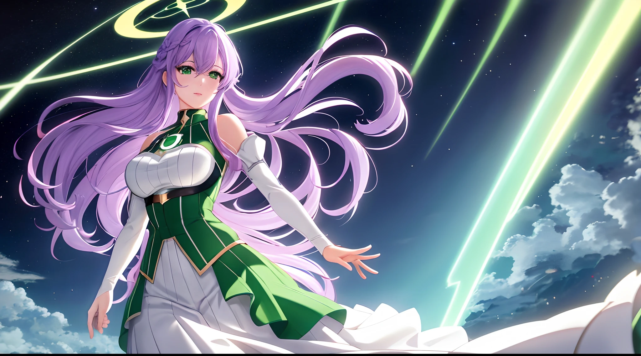 Athena with plain long light purple hair,hair between eyes,green eyes,rosy cheeks,full lips,thin eyebrows,slender body,wearing dc green lantern costume and full long skirt,cute anime girl,full body,large castle in background,anime style,extremely deep depth of field,Lumen Reflections,Screen Space Reflections,Diffraction Grading,Chromatic Aberration,GB Displacement,Scan Lines,Ray Traced,Anti-Aliasing,FXAA,TXAA,RTX,SSAO,Shaders,OpenGL-Shaders, GLSL-Shaders,Post Processing,Post-Production,cell Shading,Tone Mapping,CGI,VFX,SFX,insanely detailed and intricate, 4K,standing, solo, masterpiece, best quality, detailed face, detailed eyes, highres, standing, solo,masterpiece, best quality