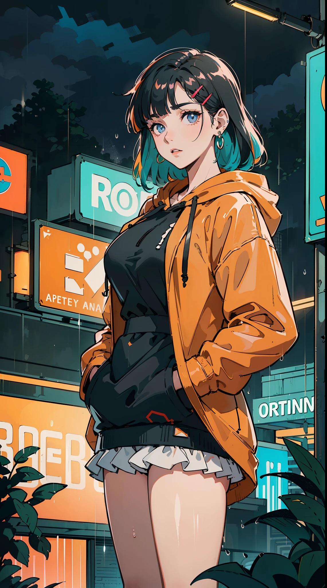 ((((frills,large black hoodie cover eyes，heavy rain,))))((hands in pockets,))(Masterpiece illustration,Beautiful and aesthetic:1.2,aim to viewers), Best quality,Top quality, Epic quality,((((valley,heavy rainy night in a cyberpunk city with glowing neon lights,outdoor,))))(moonlight,moon glare, god light,at night,upper upper shot,focus on face,))Neat face,,mature,Beautiful detailed hair，green hair，hyper HD, retinas, Textured skin, A high resolution, 16k ，((hairclip,blunt bangs,sidelocks,middle hair)),Detailed face, 1JK, lady,Solo, Perfect face, Very amazing girl,((bloomers,high waist skirt,orange streaked black coat,large cloak,metal earrings,spiral earrings)),rim-light