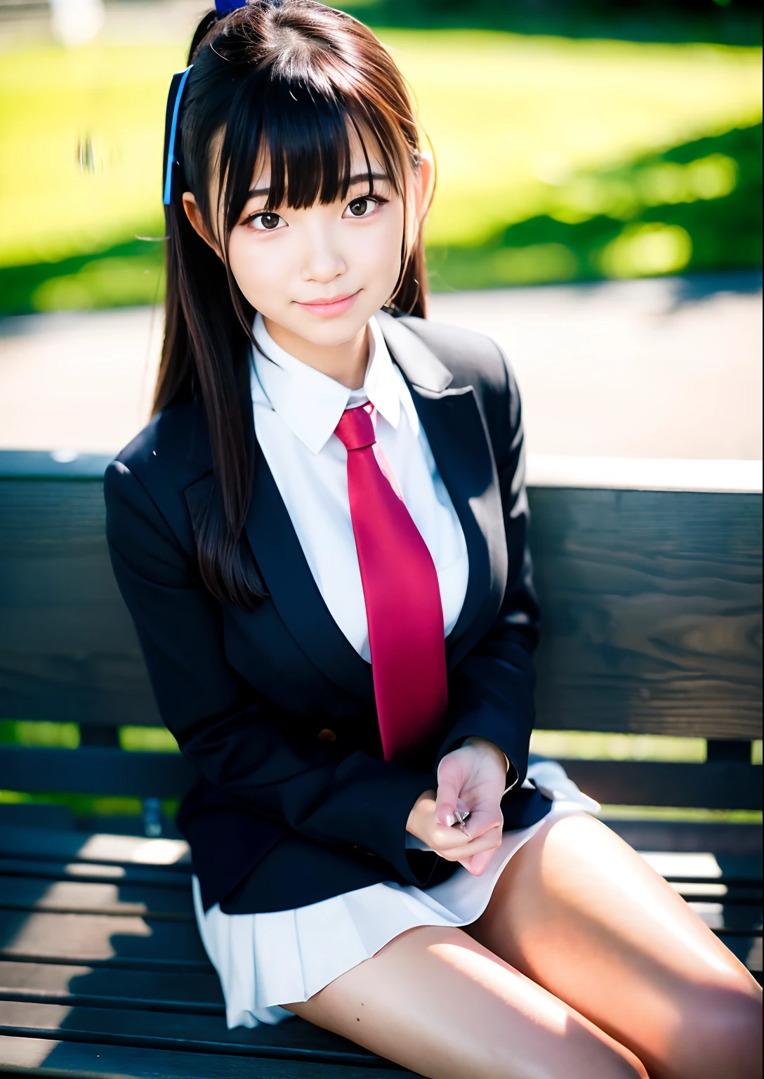 (masutepiece, Best Quality:1.2), 8K, 18year old, 85 mm, Official art, Raw photo, absurderes, White dress shirts, Pretty Face, close up, Upper body, violaceaess, gardeniass, Beautiful Girl, School uniform, (Navy pleated skirt:1.1), Cinch West, thighs thighs thighs thighs, Short sleeve, ‎Classroom, Sit on a bench seat, Looking at Viewer, No makeup, (Smile:0.4), Film grain, chromatic abberation, Sharp Focus, face lights, clear lighting, Teen, Detailed face, Bokeh background, (dark red necktie:1.1)、medium breasts⁩