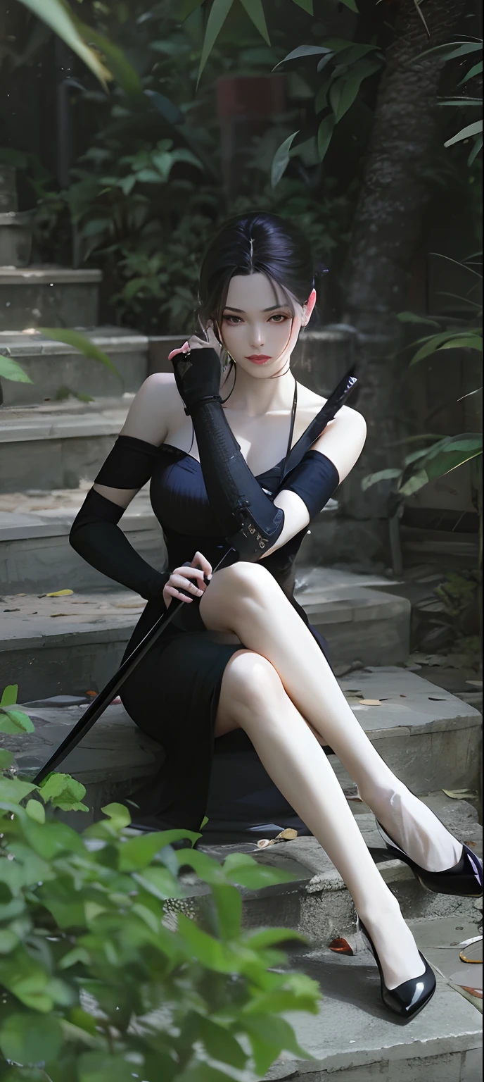 tmasterpiece，best qualityer，Realisticstyle，There was a woman sitting on the steps with a sword, Anime girl cosplay, Anime girl wearing black dress, she is holding a katana sword, Anime cosplay, classical witch, elegant cinematic pose, very beautiful cyberpunk samurai, Japanese goddess, full-body wuxia, fashionable dark witch, beautiful teenage girl