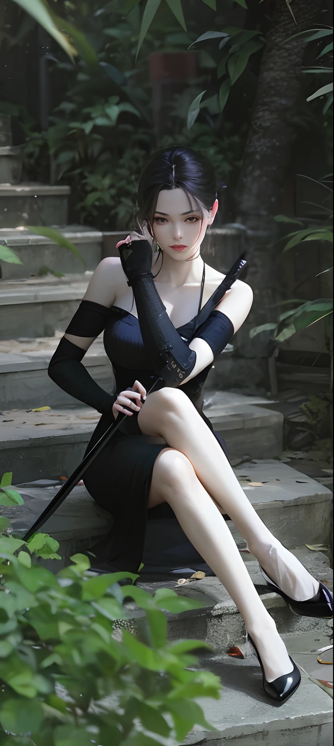 Meisterstück，bester Qualitäter，Realistischer Stil，Da saß eine Frau mit einem Schwert auf den Stufen., Anime-Mädchen-Cosplay, Anime-Mädchen im schwarzen Kleid, Sie hält ein Katana-Schwert, Anime-Kostüm, klassische Hexe, elegante filmische Pose, sehr schöne Cyberpunk-Samurai, japanische Göttin, Ganzkörper-Wuxia, modische dunkle Hexe, Schönes Teenager-Mädchen