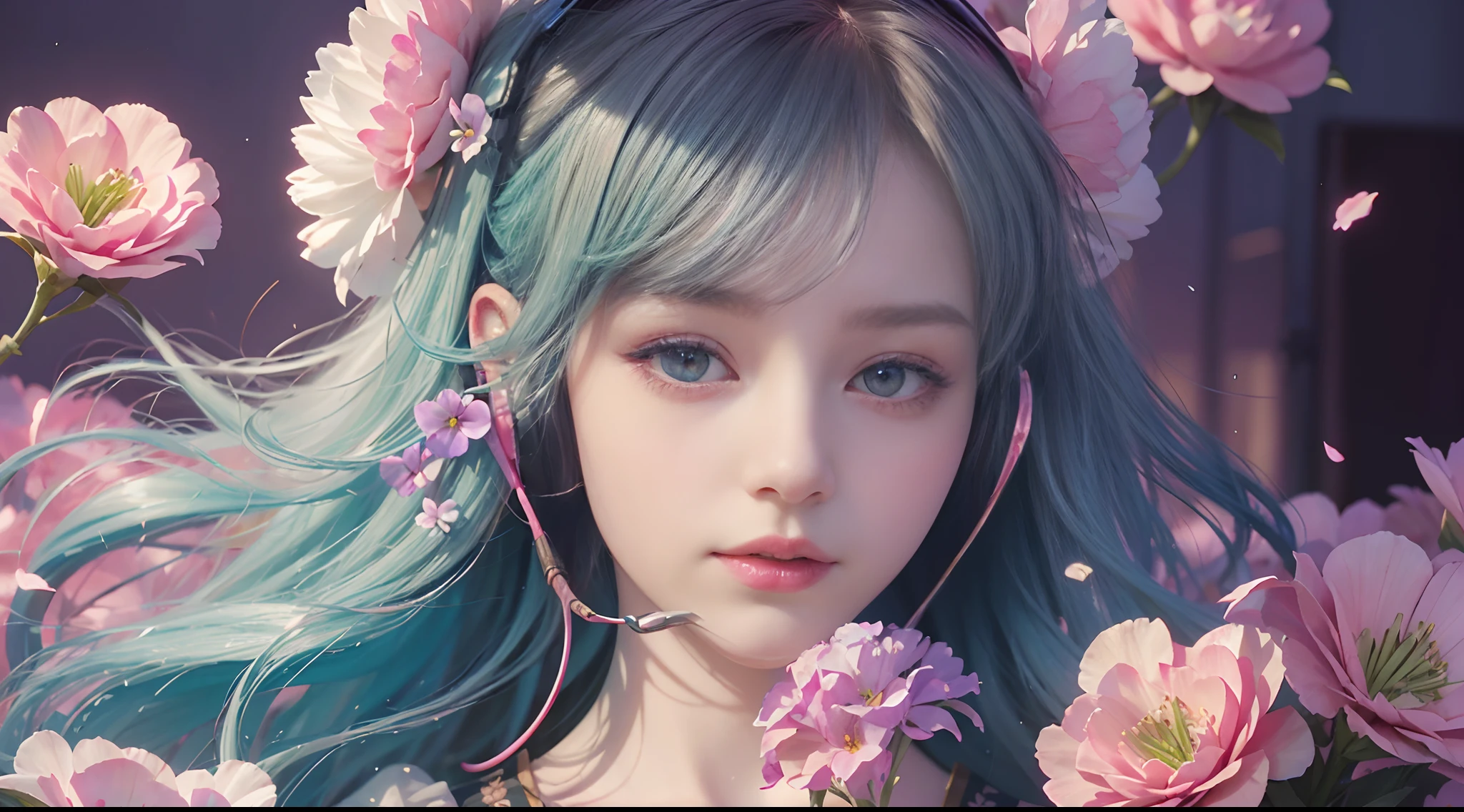 add_detail:2,1girl,detailed face,princess,taoist),flower, Lisianthus ,in the style of light pink and light azure, dreamy and romantic compositions, pale pink, ethereal foliage, playful arrangements,fantasy, high contrast, ink strokes, explosions, over exposure, purple and red tone impression , wearing headset, listening music