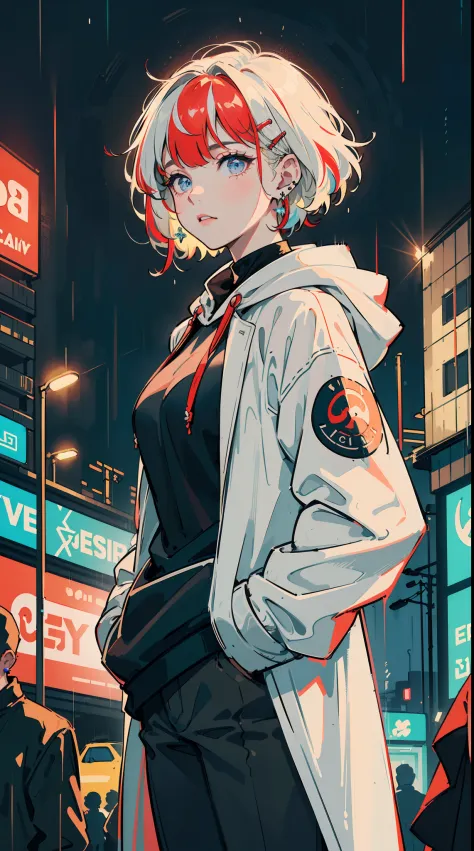 ((((frills,large black hoodie cover eyes，heavy rain,))))((hands in pockets,))(Masterpiece illustration,Beautiful and aesthetic:1.2,aim to viewers), Best quality,Top quality, Epic quality,((((rainy night in a cyberpunk city with glowing neon lights,outdoor,...