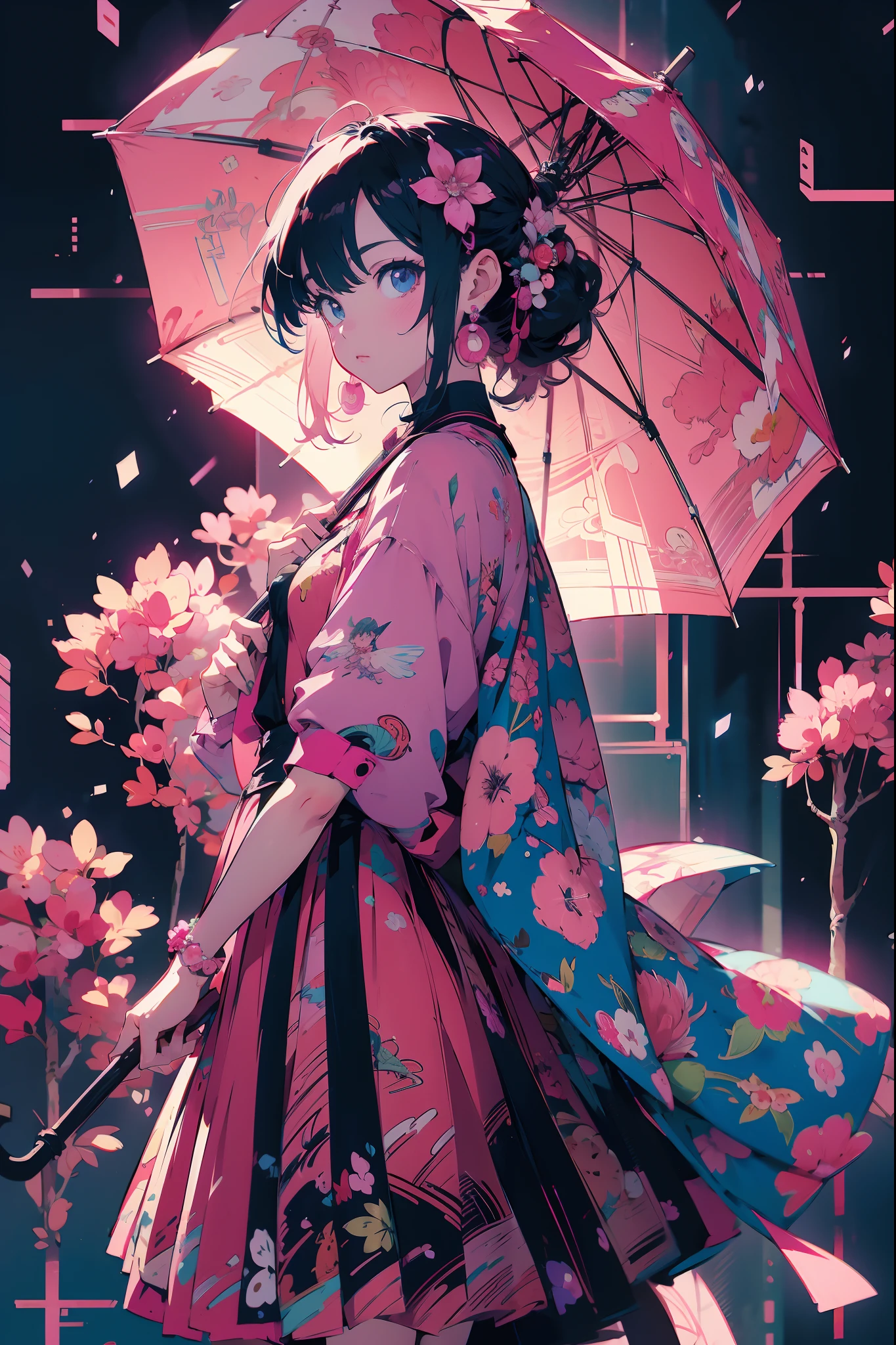 Anime girl portant une robe rose，Tenir un parapluie devant un arbre rose, Style animé. 8k, style d&#39;anime4 K, style anime 3D, High quality detailed art in 8k, art cg anime lisse, animé stylisé, princesse animée, bel animé, anime très détaillé, fond d&#39;écran animé 4k, fond d&#39;écran animé 4k, Fond d&#39;écran animé 4K,Guviz, style d&#39;anime4 K