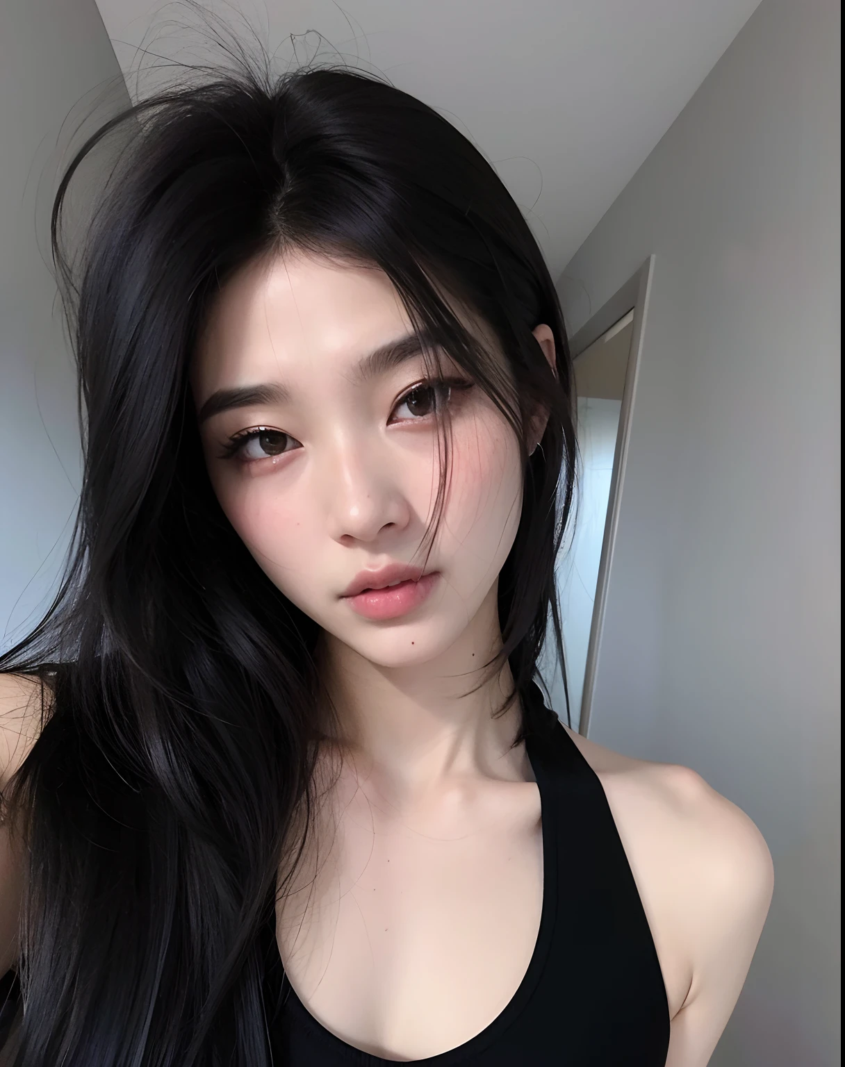 A close up of a woman with long black hair wearing a black top - SeaArt AI