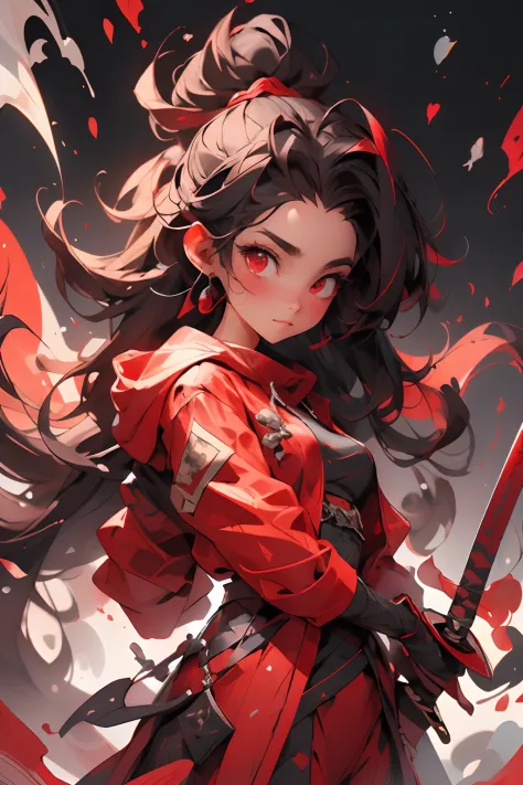 1girll，long and flowing hair，Hold a sword in your hand， 独奏，Black and red clothes， jacket， full bodyesbian，looks into camera，Dyna...