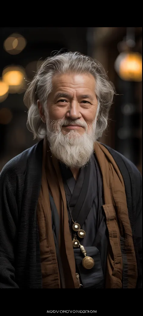 An old man，Wearing a monk's robe，facing at camera，The expression is kind