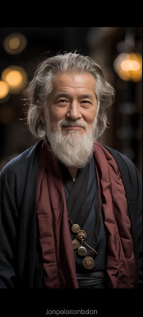 An old man，Wearing a monk's robe，facing at camera，The expression is kind
