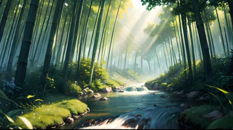 a stream running through a lush green forest, a detailed matte painting, by sylvain sarrailh, studio ghibli sunlight, sunlight r...