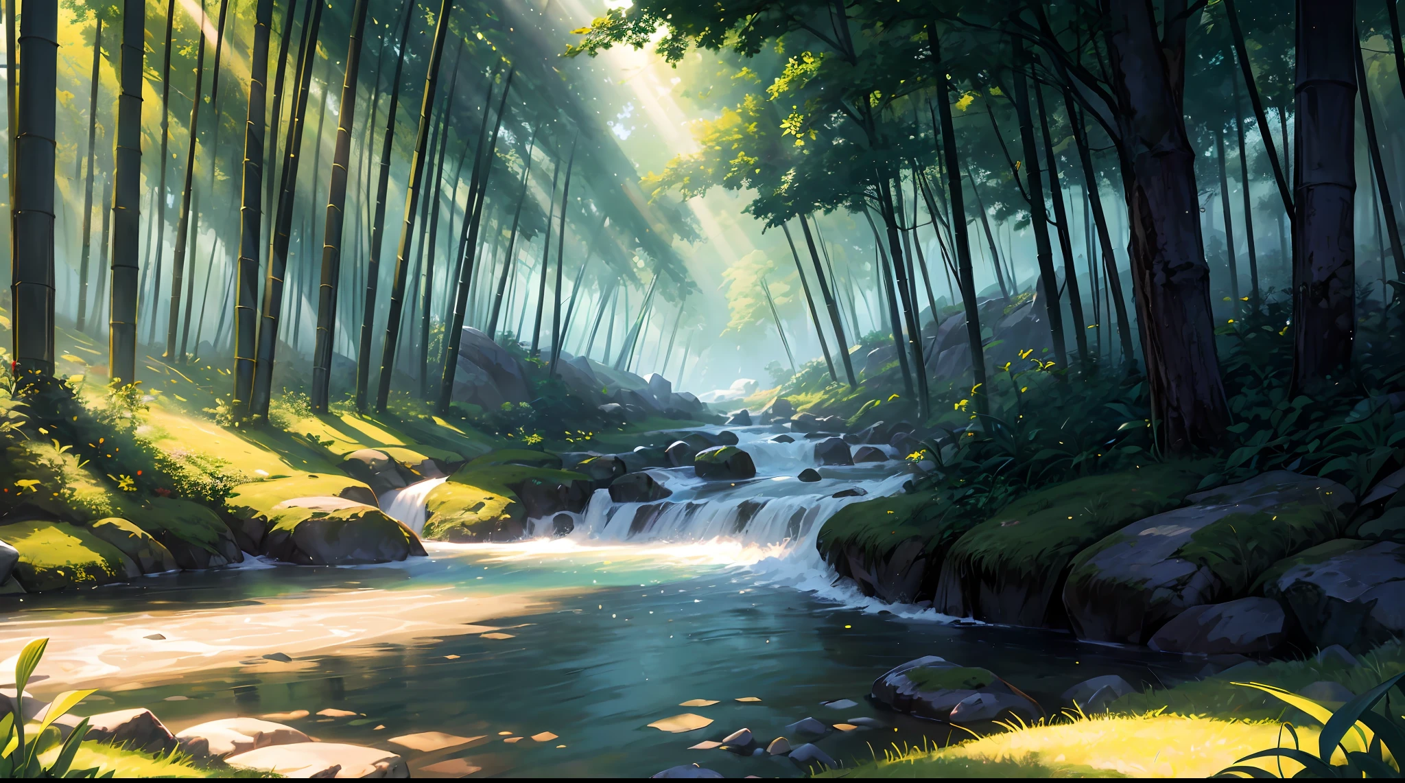 a stream running through a lush green forest, a detailed matte painting, by sylvain sarrailh, studio ghibli sunlight, sunlight reflected on the river, anime screenshot pattern, kemono, loading screen, stepping stones, without text, ( ( sunbeams ) ), official art, white sparkles sunlight beams, art », header, very clean art, pathways, bamboo