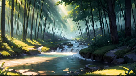 a stream running through a lush green forest, a detailed matte painting, by sylvain sarrailh, studio ghibli sunlight, sunlight r...
