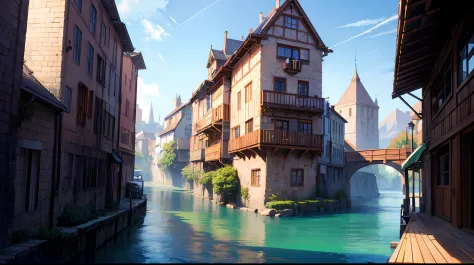 masterpiece, concept art, a painting of a city with a river running through it, by Tyler Edlin, trending on Artstation, peaked wooden roofs, screenshot from a 2012s anime, imaginefx : : hyperrealism, houses on stilts, joongwon jeong, widescreen shot, james...