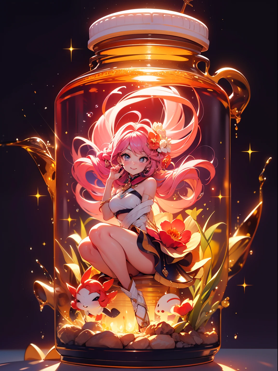 Perfect eyes:1.2, Detailed eyes:1.4, Smile, Air bubble, (masutepiece:1.6, Best Quality), nffsw, /bottles, in container, (finely detailed beautiful eye: 1.2), 1 Chibi Loli Mermaid,girl with, Solo, Big breasts, Purple hair, Pink hair, Two-tone hair, under the water, Floating hair, (((masutepiece))),(((Best Quality))),(((Extremely detailed))), Illustration, Mysterious, Vivid Color, shiny, Full body, Barefoot, Quiet nature with long hair, Koi, under the water, close up, Dynamic Actions, Lens perspective, Sit cross-legged, Volumetric lighting, multi-color eyes, Detailed eyes, Hyper Detailed, lightsmile, Highly detailed, Beautiful, detaile, ultra-detailliert, Best Quality, Convoluted, 4K, 8K, Trending on ArtStation, Good anatomy, Beautiful lighting, Award-winning