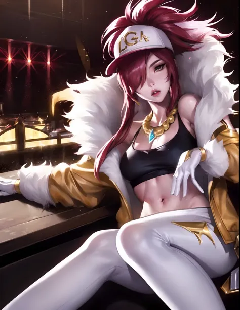Akali kda prestige, 1girl, solo, long hair, breasts, looking at viewer, jewelry, medium breasts, red hair, necklace, hair over one eye, lips, makeup, white headwear, upper body, epic light, crop top, fur trim, jacket, concert hall, sitting, white gloves, w...