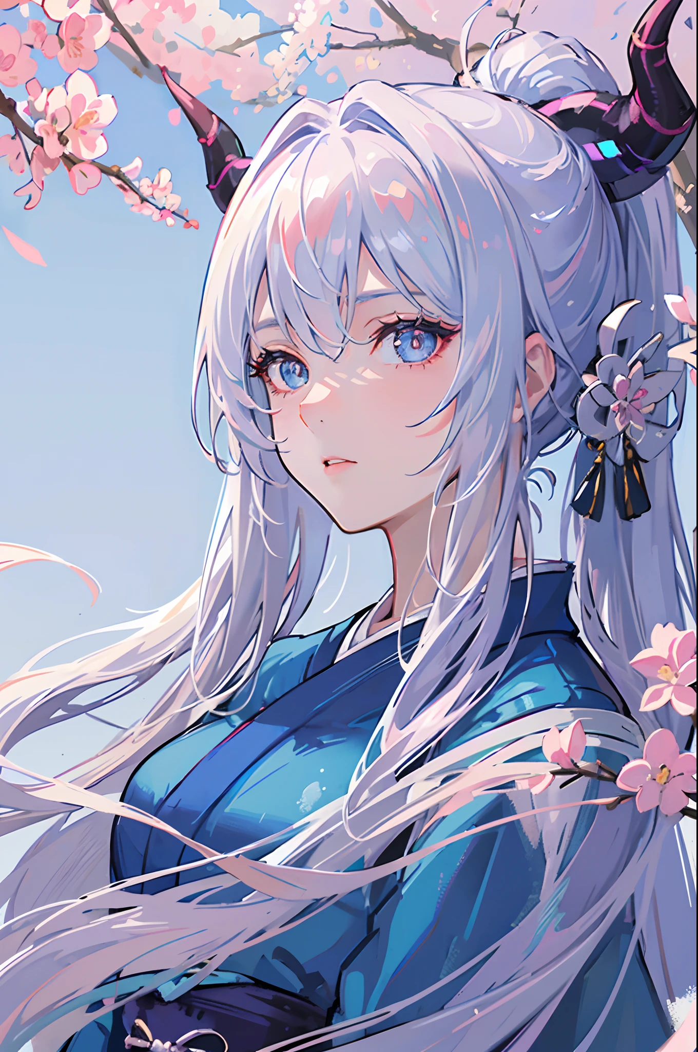 (best quality, high-res, masterpiece:1.2), perfect face, (serious expression), detailed eyes, elegant, (heterochromatic eyes), (curved blue horns), dragon woman, wearing a white and pastel blue elegant kimono, cherry blossom background, long silver hair, ponytail, side view, looking at viewer, snowy background