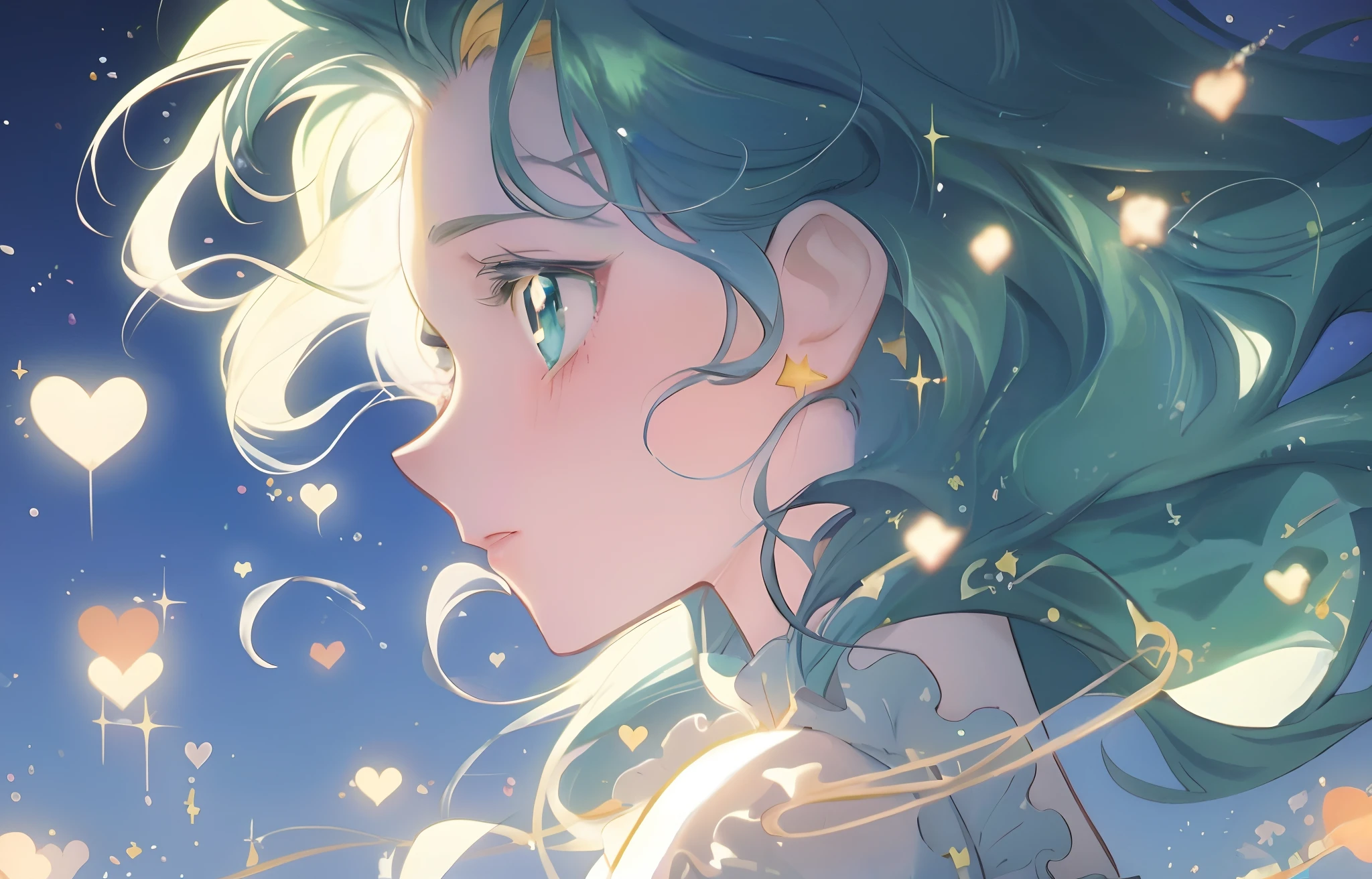 Anime girl with blue hair and green eyes looking at the stars, anime girl with cosmic hair, Portrait Chevaliers du Zodiaque Fille, Anime girl with teal hair, Anime art wallpaper 4k, Anime art wallpaper 4 K, Anime art wallpaper 8 K, Detailed digital anime art, anime wallaper, a beautiful anime portrait, Anime wallpaper 4K, style of anime4 K, Anime wallpaper 4 k