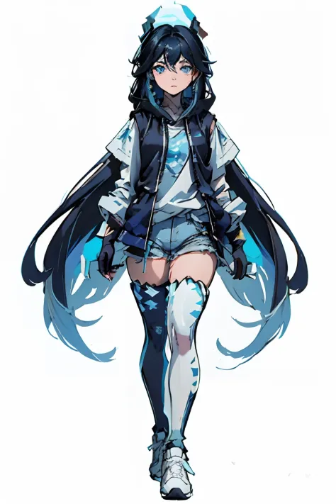 Character design, character sheet, masterpiece, blue and black hair long hair, Two hair colors, inner color hair, blue eyes, Sharp gaze, black vest hoodie with light blue striped pattern, white short t-shirt, shorts, stockings, white sneakers with light bl...