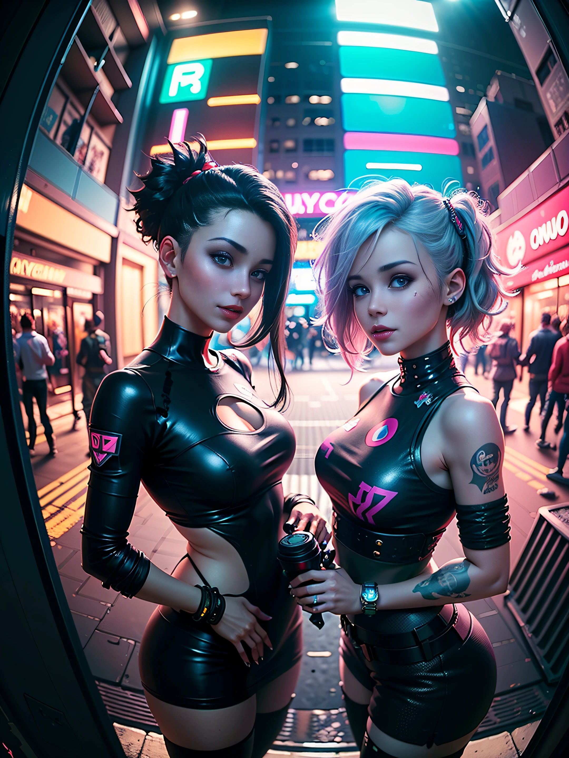 ((25 year old cyberpunk girls in a colorful Harajuku pop outfit)), ((((fisheye lens)))), Cowboy shot, the wind, Real Pile, big blue eyes, 8K, a perfect face, the perfect body, messy  hair, Highly detailed eyes, Highly detailed face, ((Cyberpunk 2077 cityscape)), (Cyberpunk aesthetics and atmosphere:1.3), Bright colors, Smiling, ((Cinematic lighting))