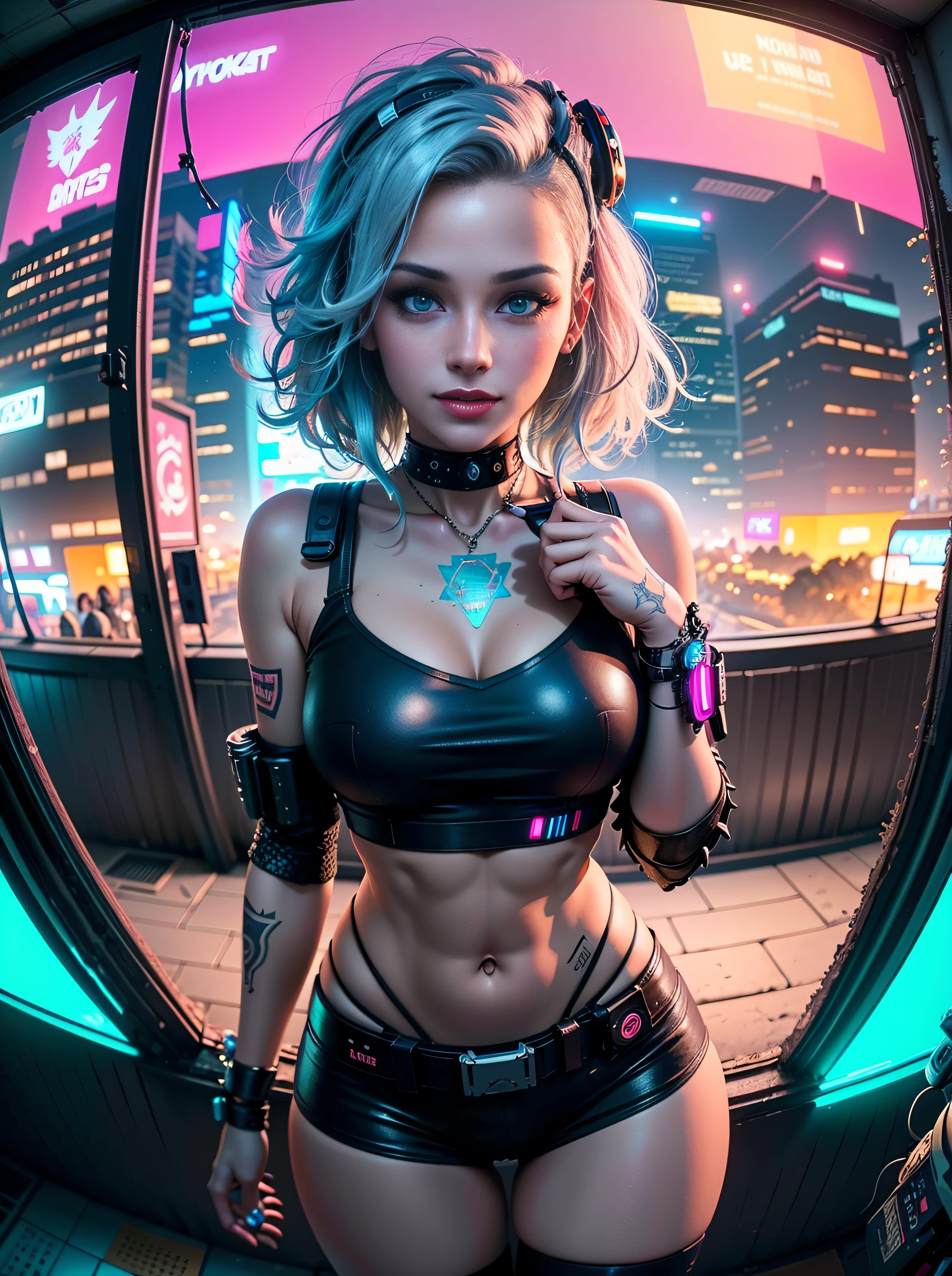 ((Garotas cyberpunk de 25 anos em uma roupa pop colorida de Harajuku)), ((((lente olho de peixe)))), tiro de vaqueiro, o vento, Pilha Real, Grandes olhos azuis, 8K, um rosto perfeito, o corpo perfeito, cabelo bagunçado, olhos altamente detalhados, rosto altamente detalhado, ((Paisagem urbana de Cyberpunk 2077)), (Estética e atmosfera cyberpunk:1.3), cores brilhantes, sorridente, ((iluminação cinematográfica))
