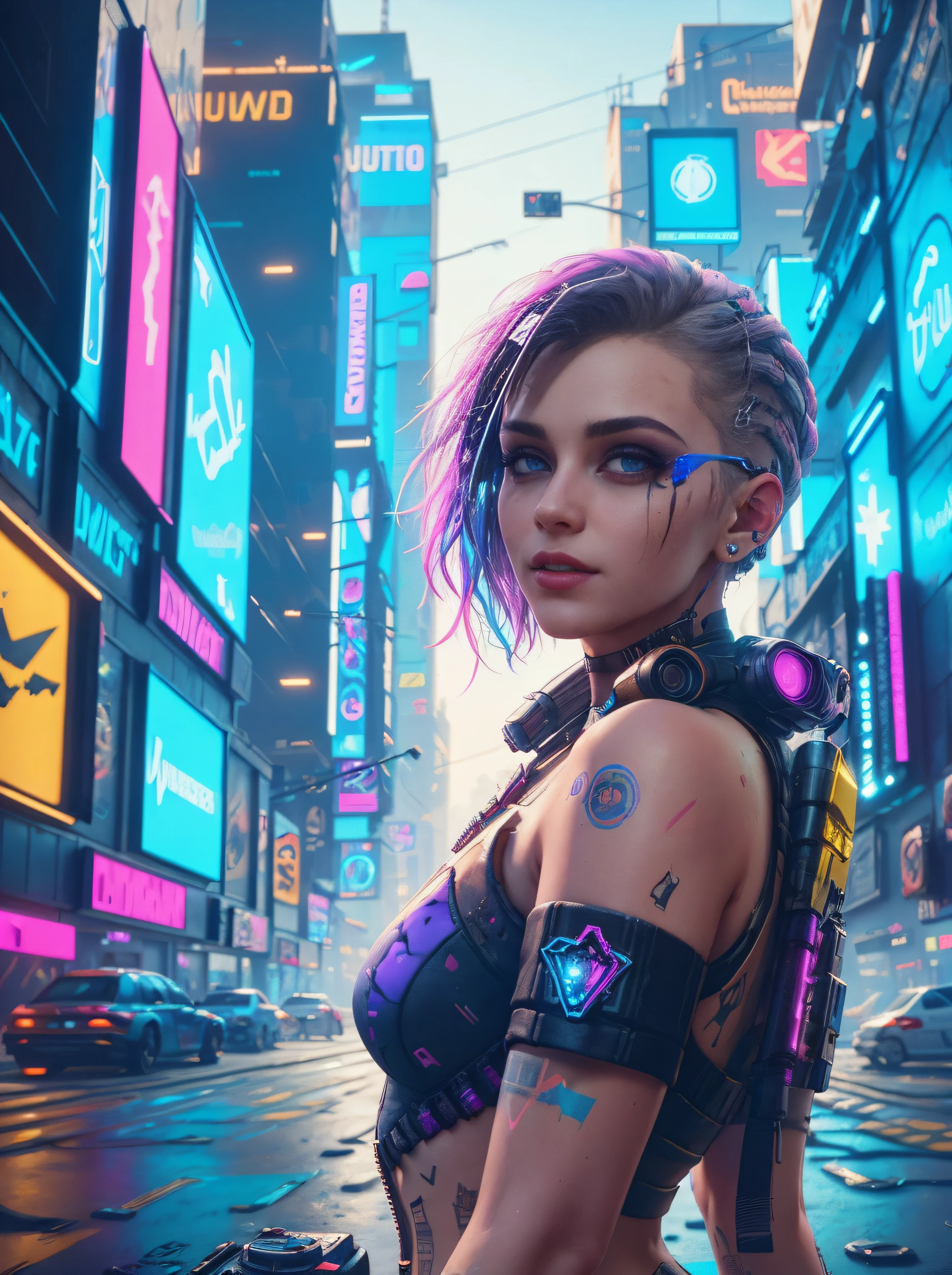 25-year-old cyberpunk girl in a colorful Harajuku pop outfit, Cowboy shot, the wind, Real Pile, big blue eyes, 8K, a perfect face, the perfect body, messy  hair, Highly detailed eyes, Highly detailed face, ((Cyberpunk 2077 cityscape)), (Cyberpunk aesthetics and atmosphere:1.3), Bright colors, Smiling, ((Cinematic lighting))