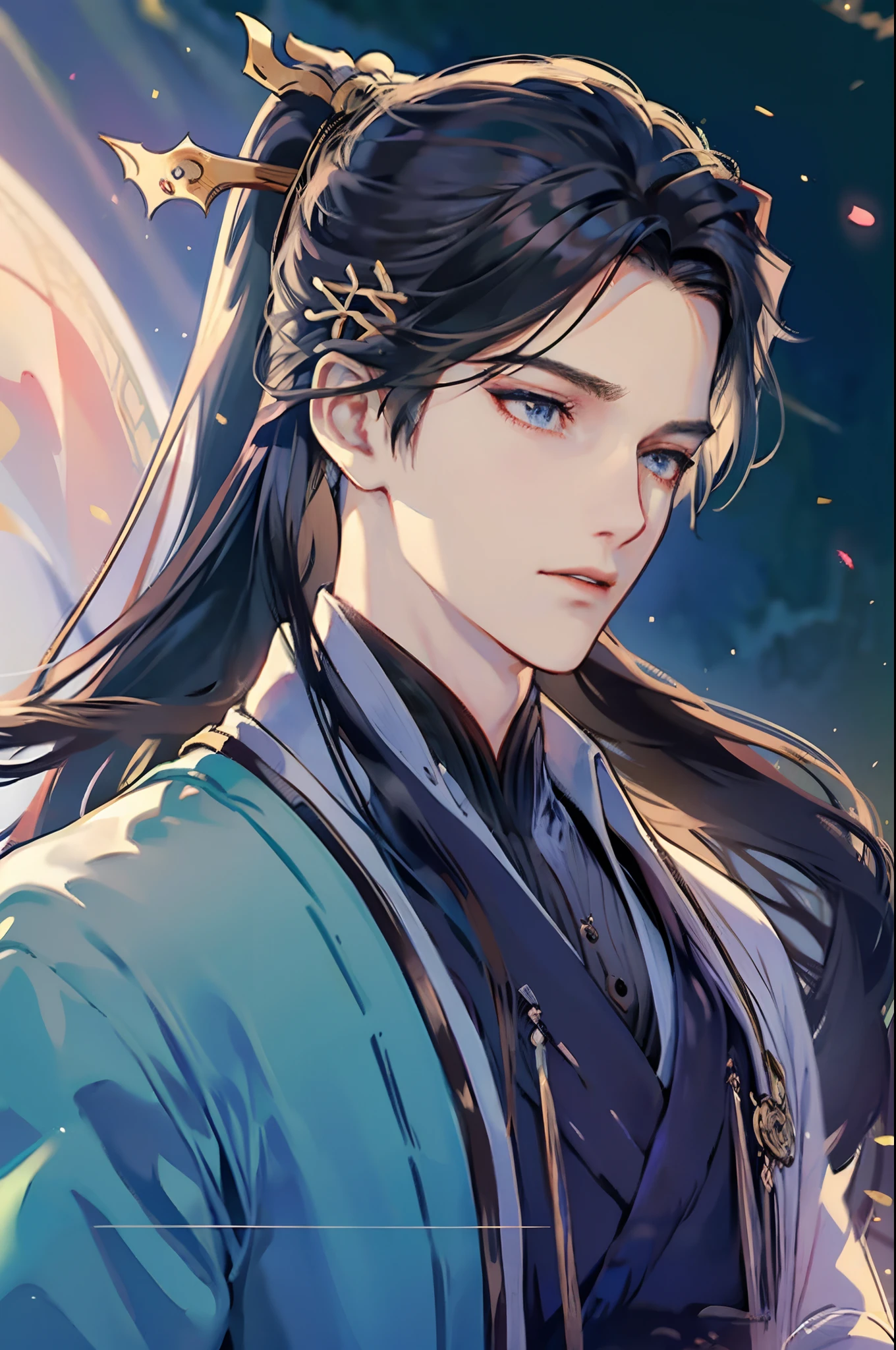 Summer palace，18-year-old young male，long whitr hair，High ponytail，malefocus，（solo person,The upper part of the body，：1.2），Chinese courtyard，Black ancient Hanfu robe，An elegant and luxurious beautiful man，prince，The tree，bru，Lake，railing，Adonis，Best quality at best，concept-art，Hand-drawn 2D style，Dramatic expressions，