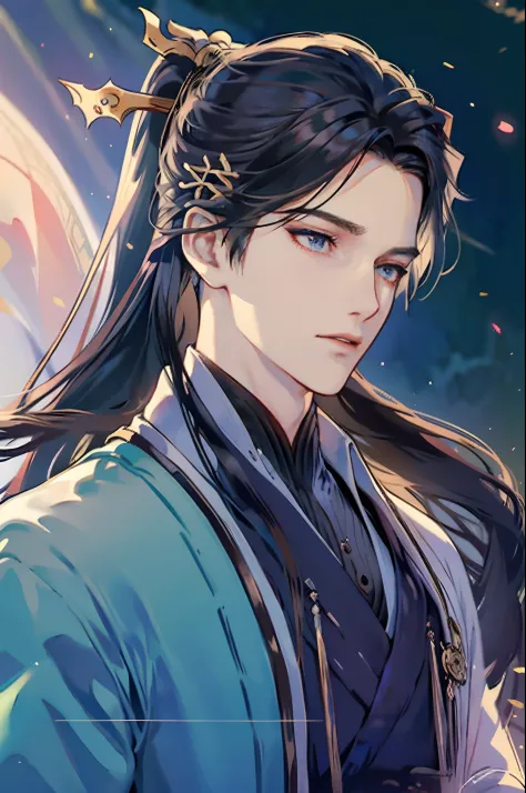 Summer palace，18-year-old young male，long whitr hair，High ponytail，malefocus，（solo person,The upper part of the body，：1.2），Chine...
