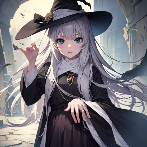 Witch hat, gray hair, green eyes, witch clothes