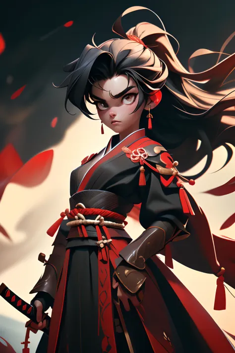 1 samurai girl, slim body, cowboy shot,arma,sword,long hair,black hair,holding,solo,holding weapon,blood,holdingsword,arm guards...