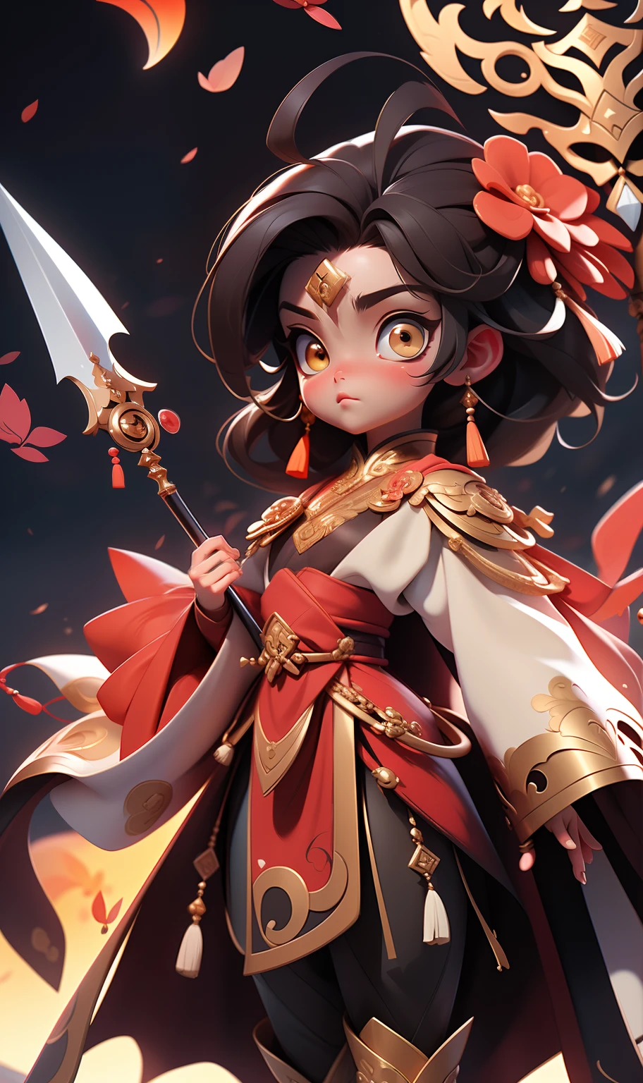 （tmasterpiece，top Quority，best qualtiy，offcial art，Beauty and aesthetics：1.2），1girll， irate， With a spear， （Fly）， Chinese mythology， The cloudy， Detailed sky， abstract backgrounds，