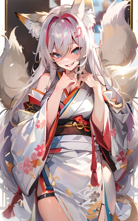 (Masterpiece: 1.5), (Best Quality: 1.5), Perfect Eyes, Perfect Face, Volumetric Lighting, 1 Woman, Mature Woman, (Whiteness: 5), fox ears, fox tail, enormous breasts, cleavage, sexy, thick thighs, kimono, smirk, fangs, naughty, temple,