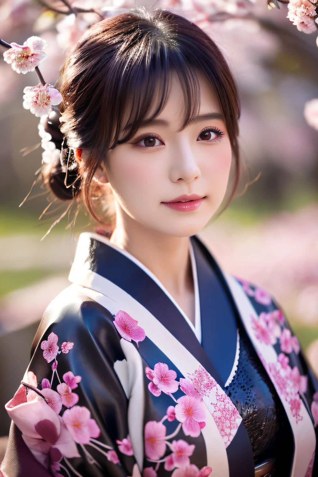 natta、Kimono made of leather、detailed 、A detailed face、Cherry blossom petals、The cherry tree、cherryblossom、natta、Lit up、closes mouth
