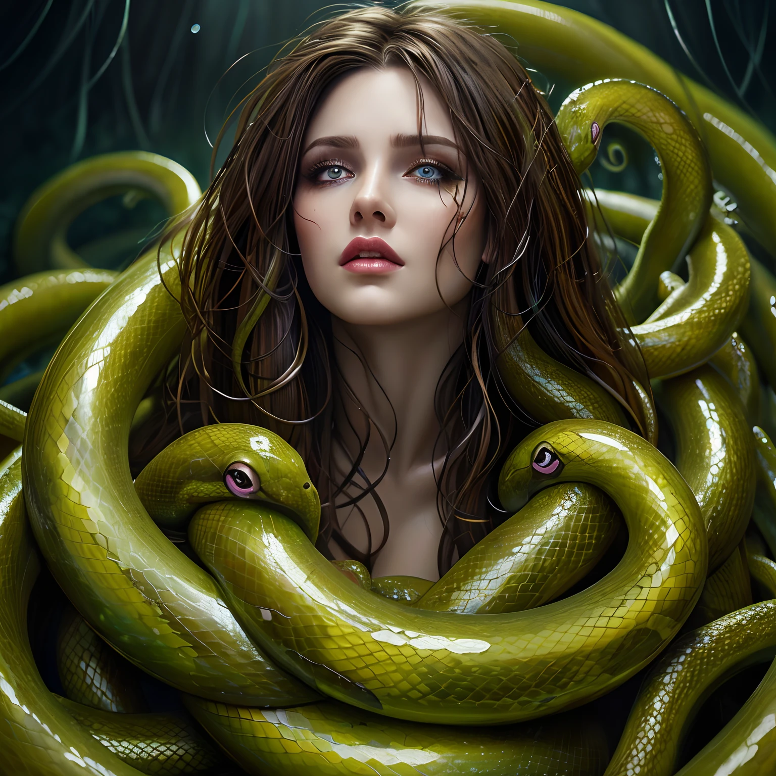 (best quality, ultra-detailed, realistic, highres, masterpiece:1.2), longhaired woman tangled in slimy snake-like tentacles, beautiful detailed eyes, beautiful detailed lips, vivid colors, portraits, oil painting, dark fantasy, eerie atmosphere, subtle lighting, gothic style