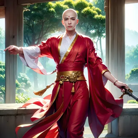 ((巨作)), HD clarity, Avatar, ((((figure: 1人, White Sleeve, bald-headed, Robe))))，(((1 juvenile，bald-headed，buddhist monk，full bod...