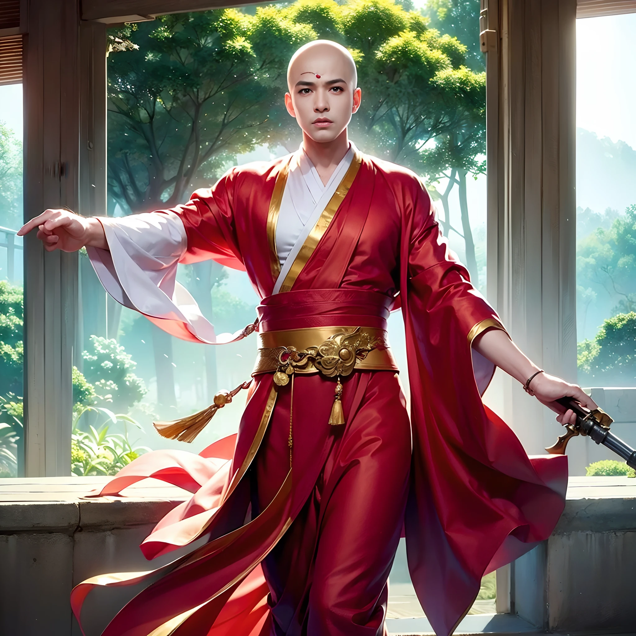 ((巨作)), HD clarity, Avatar, ((((figure: 1人, White Sleeve, bald-headed, Robe))))，(((1 juvenile，bald-headed，buddhist monk，full bodyesbian，tear-mole:)))，Cool sensation，Natural，peacful，naive。Optimal quality，tmasterpiece：1.4），超高分辨率，realisticlying，Front lighting，Complicated details，Exquisitedetailsandtextures，独奏，（Young age），Facial highlights，Detal Face，tear-mole，looking at viewert，largeeyes，（Openwork pattern，white colors，Silk），耳Nipple Ring，slimfigure，Deluxe Room，profesional lighting，フォトンマッピング，ラジオシティ，physically-based renderingt，