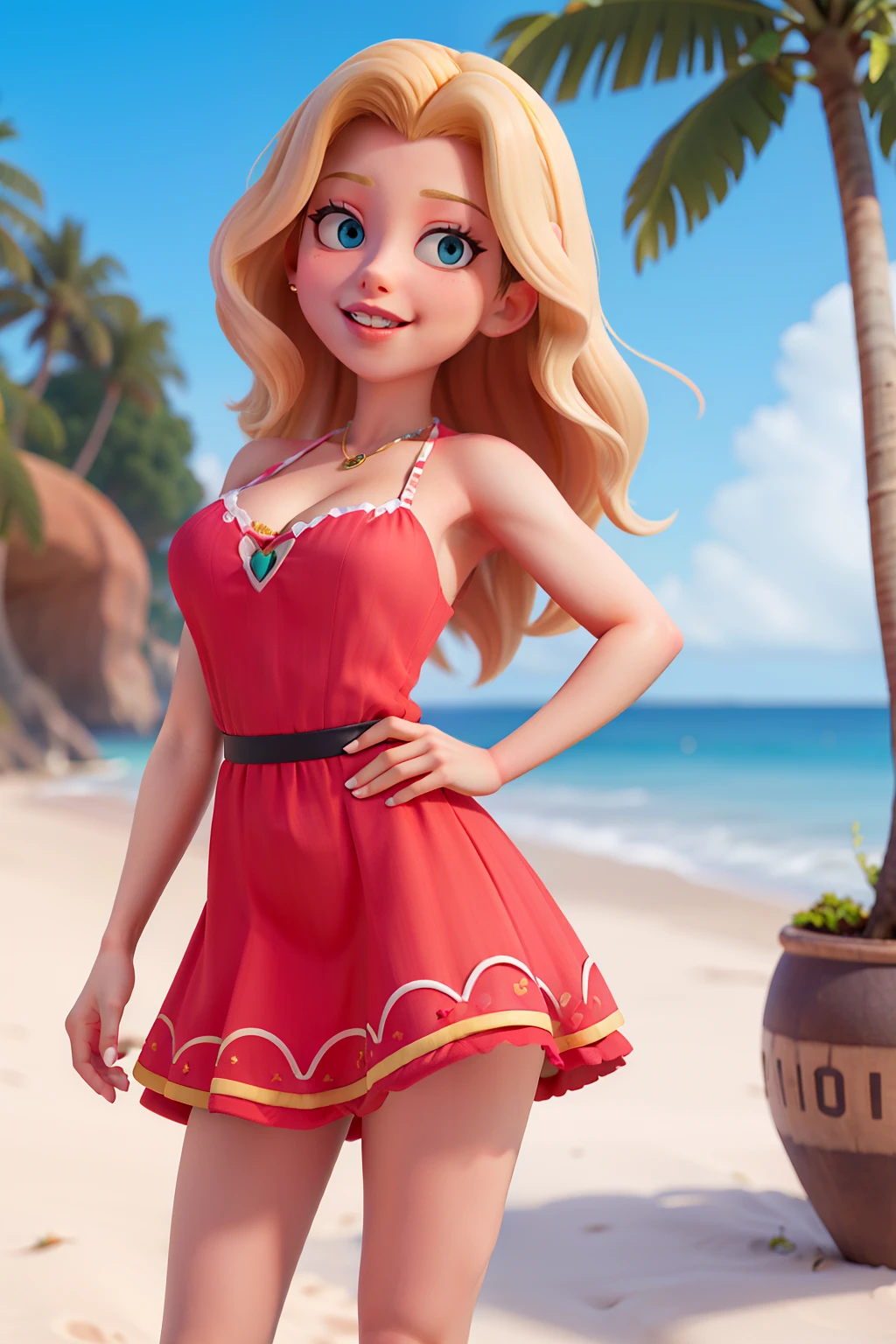 mulher blonde, praia, bikini, decote, vaidosa, vestido rosa, batom vermelho, lábios grandes, uma personagem alegre no estilo Disney Pixar