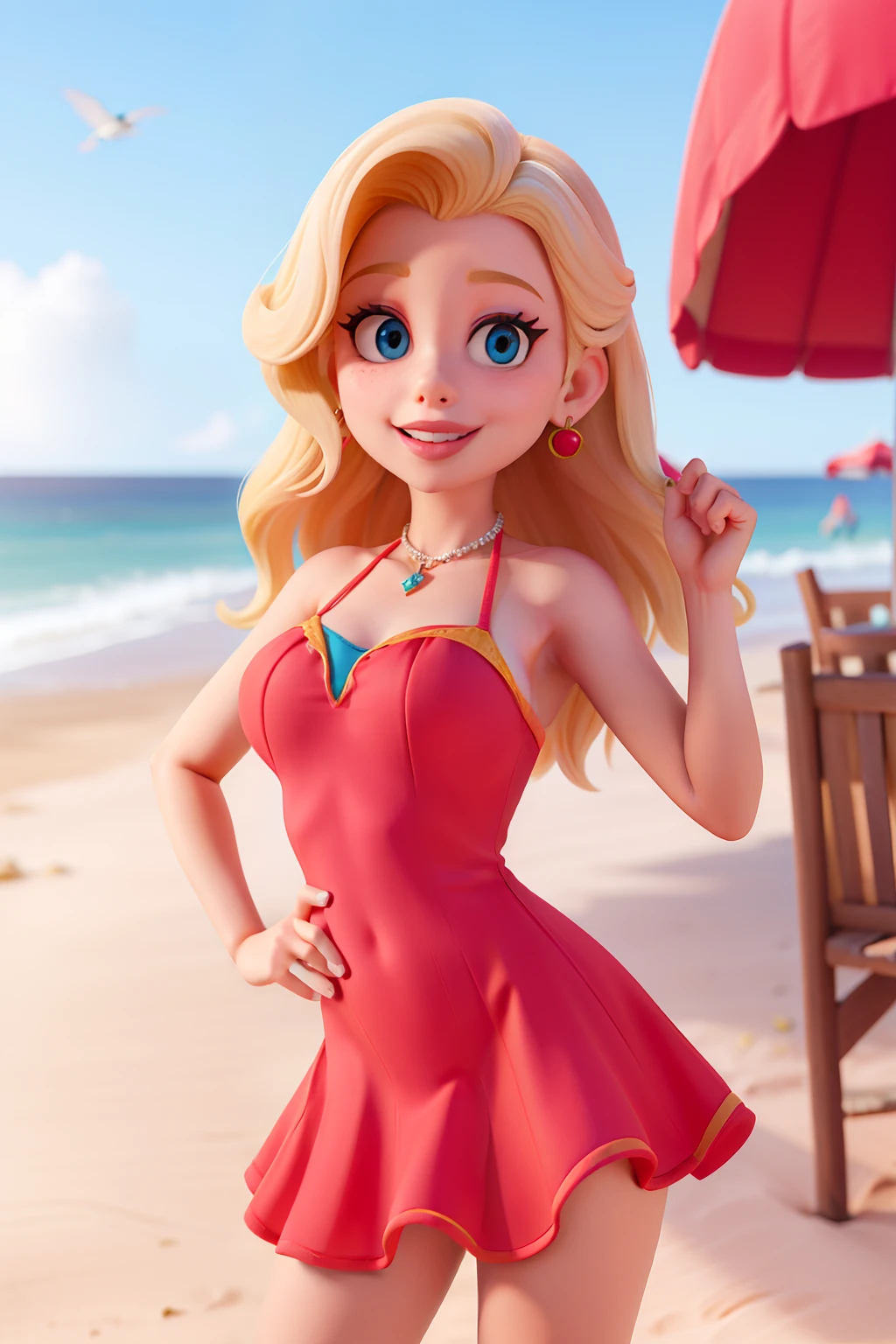 blonde woman, beachfront, bikini, neckleace, vain, pink dress, red lipgloss stick, large lips, a cheerful character in the Disney Pixar style