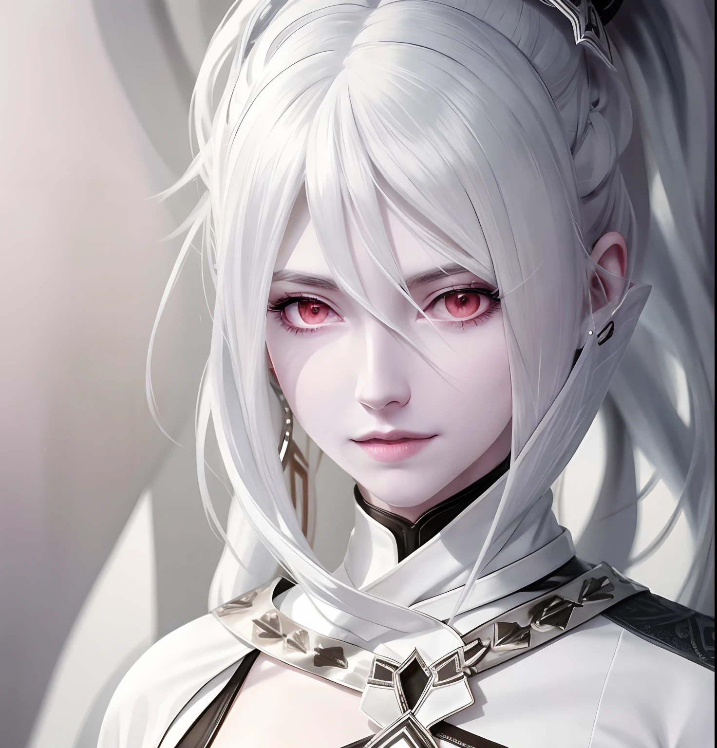 There was a gray-haired woman，Wearing a necklace, character close up, close up character, Close-up of people, porcelain highlighted skin, Female character, 8 k character details, pale milky white porcelain skin, with very highly detailed face, Girl with white hair, lineage 2 revolution style, Silver hair (pony tails), cyborg - girl with silver hair, character portrait closeup