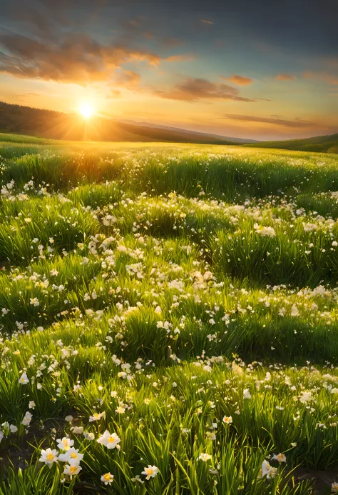 realistic photo, masterpiece, a spring morning at sunrise with the sweet scent of life, in an open meadow