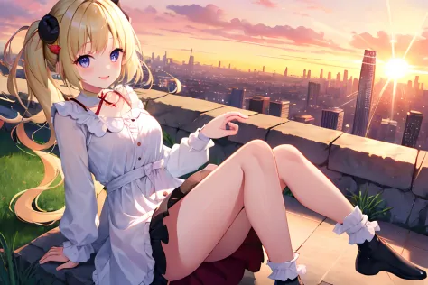Girl in ruffled dress and white ruffled socks. On a hill overlooking the city.Overconnection.Sit hand in hand.Long sleeve,side poneyTail、(Legs spread posture)、A smile、the setting sun