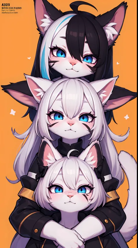 two cats with different colored eyes and one with a white cat's head and the other with a black cat's head, Andries Both, symmetrical eyes, an album cover, furry art, 1girl, ahoge, animal_ears, artist_name, black_hair, closed_eyes, face, male_focus, multicolored_hair, scar_across_eye, scar_on_face, solo, streaked_hair, twitter_username, two-tone_hair, watermark, web_address, white_fur, white_hair, {{{nipples}}}