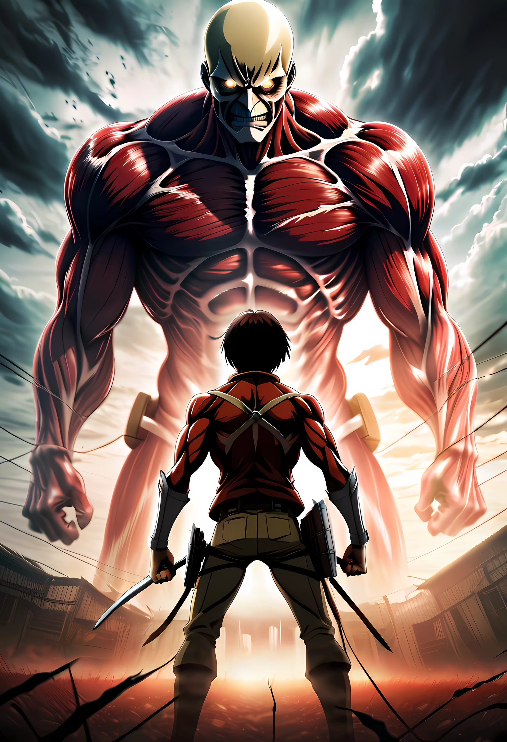 Photography of Eren Jaeger, the protagonist of Attack on Titan, depicted in a moody movie poster