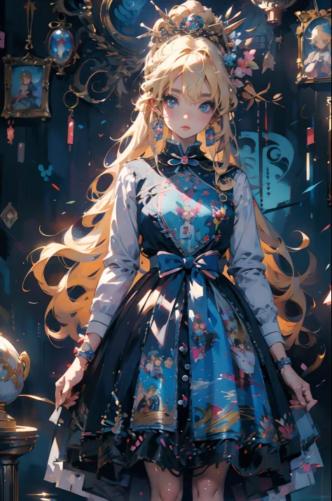 Anime girl wearing blue dress，Has blonde hair, blond-haired princess, Anime fantasy illustration, Anime fantasy artwork, beautif...