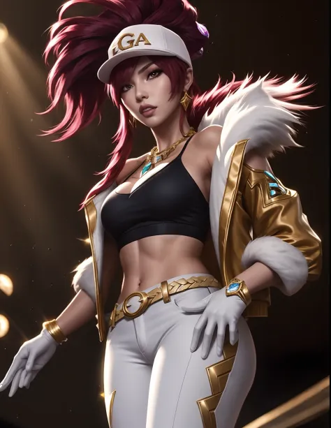 Akali kda prestige, 1girl, solo, long hair, breasts, looking at viewer, jewelry, medium breasts, red hair, necklace, hair over one eye, lips, makeup, white headwear, upper body, epic light, crop top, fur trim, jacket, concert hall, standing, white gloves, ...