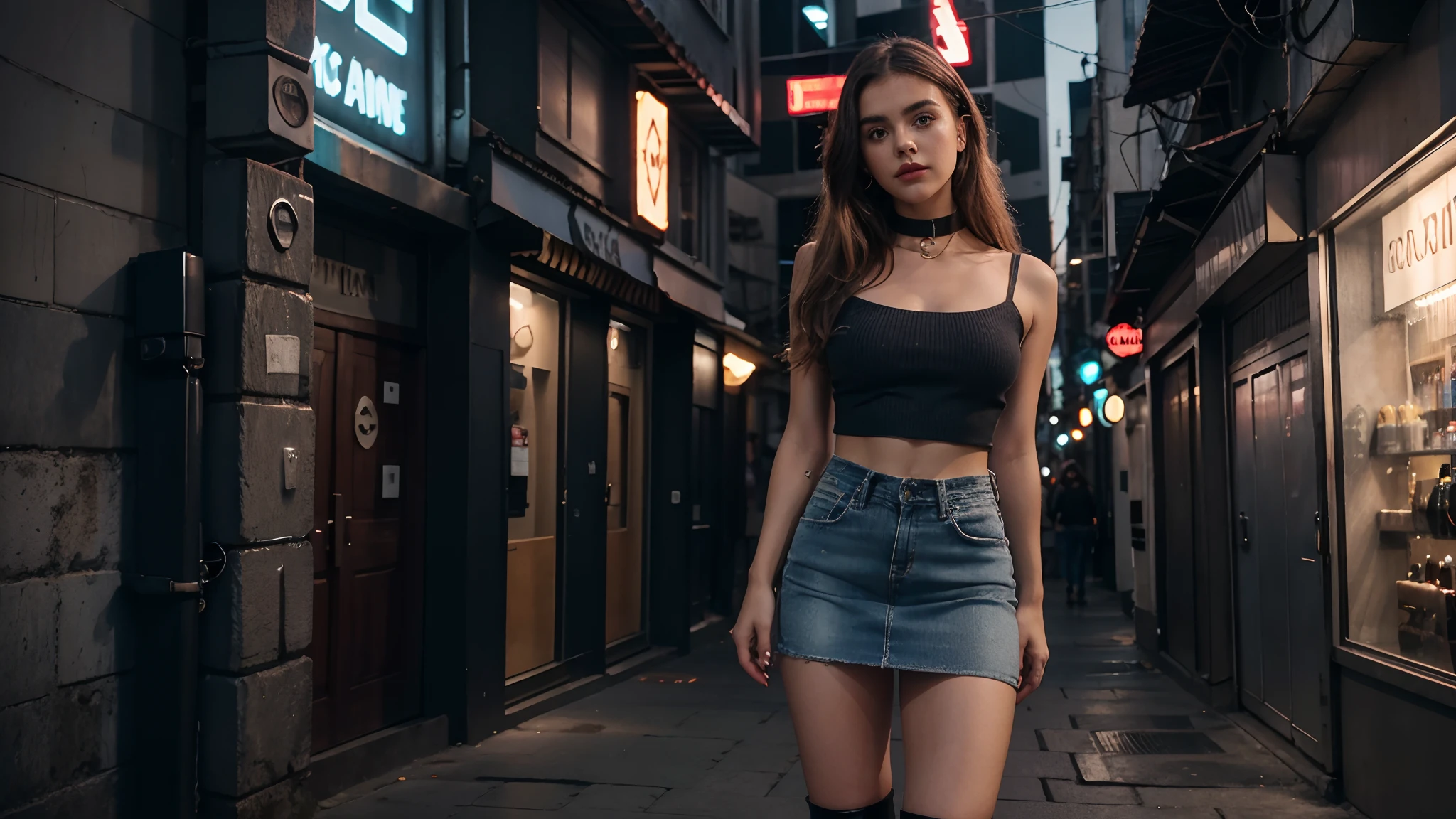 Arafed woman in a black top and denim skirt walking down a street - SeaArt  AI