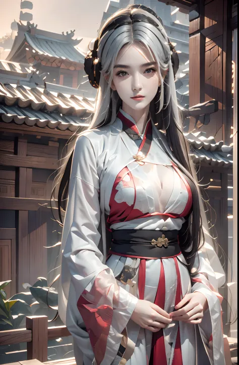 Photorealistic, high resolution, 1womanl, Solo, Hips up, view the viewer, (Detailed face), White hair, Long hair, Ancient China
