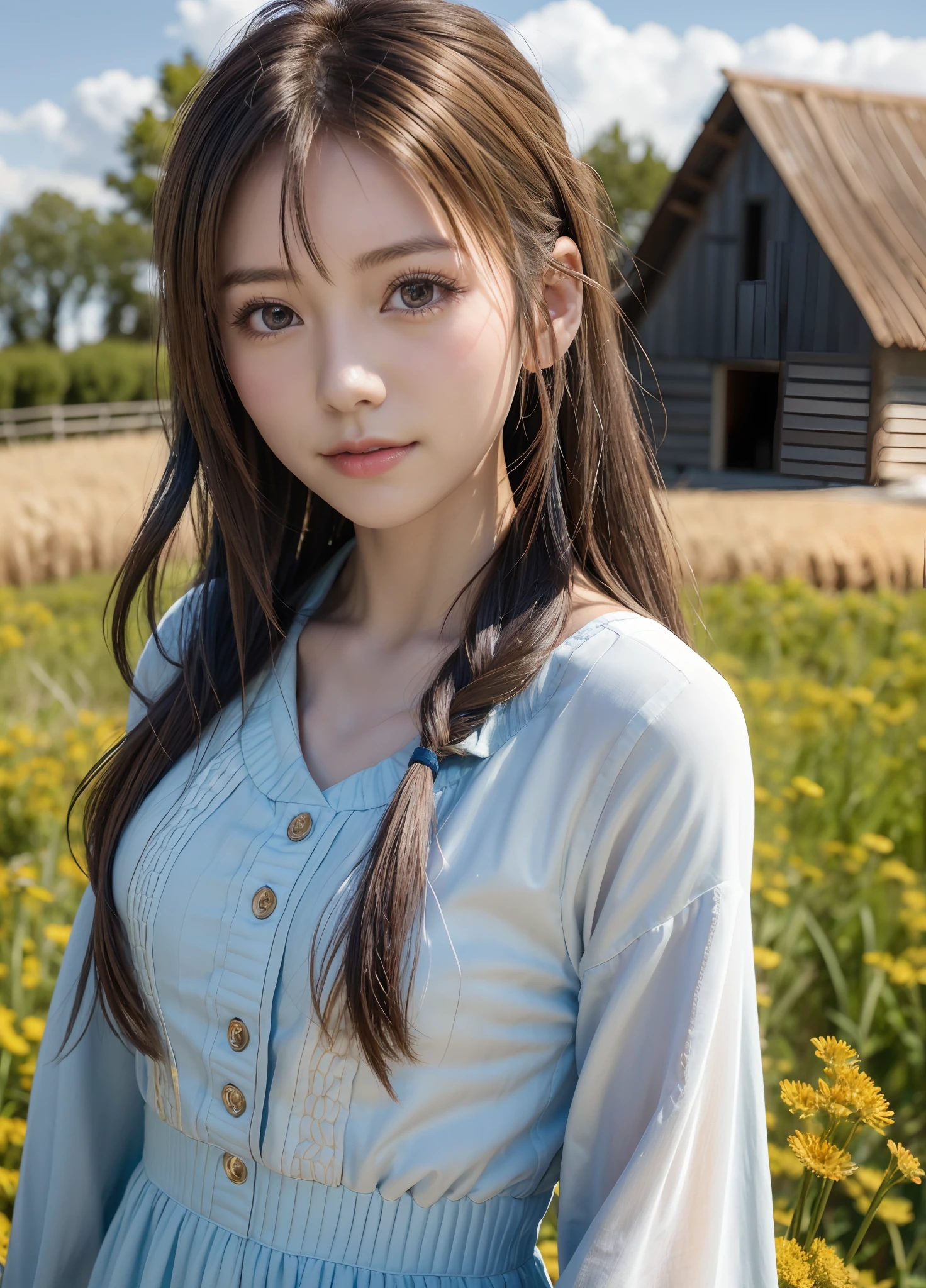 1girl in, 20 years old, Tall and attractive, Wearing a cute country dress, Hair braiding, Standing on a rustic farm. She has a soft, gentle smile and expressive eyes. In the background is a charming barn, Golden wheat fields and clear blue sky. The composition should be soaked in the light of warm golden hours, Accentuates idyllic tranquility with soft depth of field and soft bokeh. Capture images as if they were shot on vintage 35mm film、Adds even more vitality, filmg,