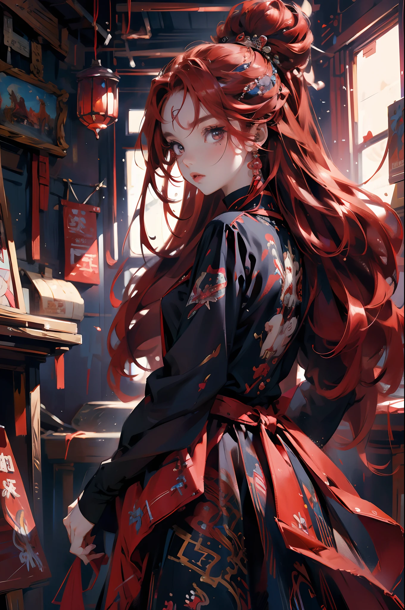 Anime-Mädchen mit roten Haaren und einem blauen Kleid, Rote Haare, rote hüftlange Haare, digitale Kunst auf Pixiv, wunderschöner Anime-Kunststil, rothaarige Göttin, ein wunderschönes Anime-Porträt, wunderschöner Anime-Stil, rothaariges Mädchen, gezeichnet im Anime-Malerstudio, sie hat rotes Haar, Anime-Mädchen mit langen Haaren, rothaariges Mädchen，Guviz, Stil von Anime4 K